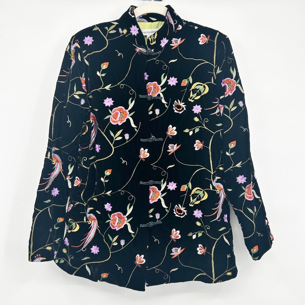 Drapers & Damons Womens Vintage Black Velvet Embroidered Silk Lined Jacket‎ M